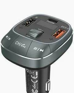 Vention 3-Port USB (C + A + A) Car Charger with FM Transmitter (30W/18W/5W) Black ABS Type