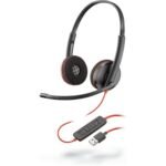 Poly Blackwire 3220 Stereo USB-C Headset with tethered USB-A adapter.