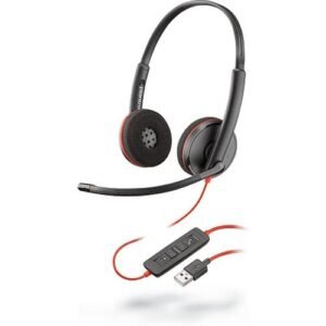 Poly Blackwire 3220 Stereo USB-C Headset with tethered USB-A adapter.